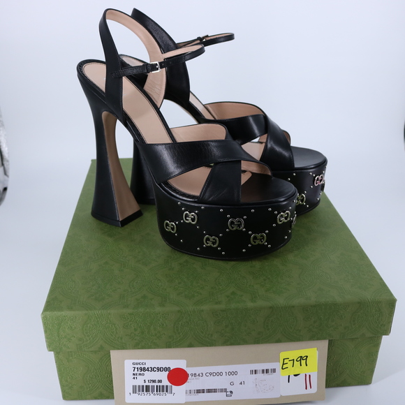 Gucci 41 Janaya Logo Studded Black Platform Heeled Sandals E799 - Picture 2 of 16